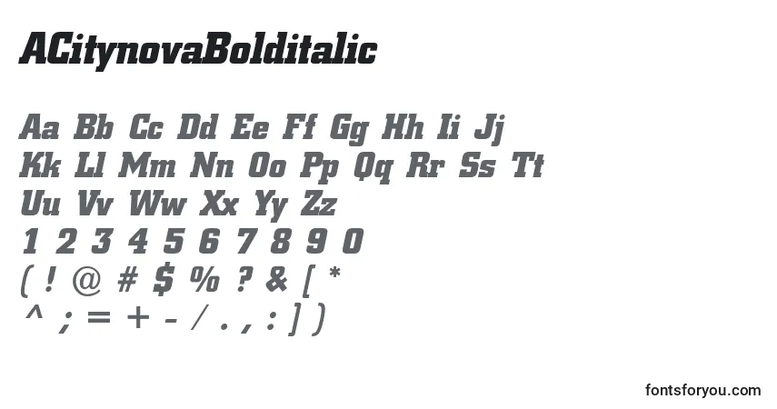 Czcionka ACitynovaBolditalic – alfabet, cyfry, specjalne znaki