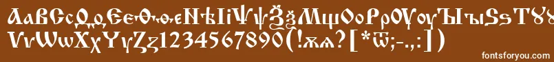 IzhitsaRegular-fontti – valkoiset fontit ruskealla taustalla