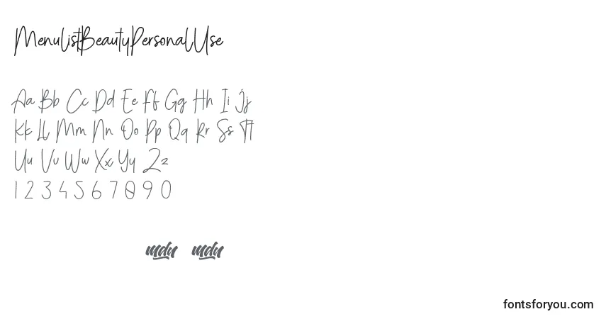 Schriftart MenulistBeautyPersonalUse – Alphabet, Zahlen, spezielle Symbole