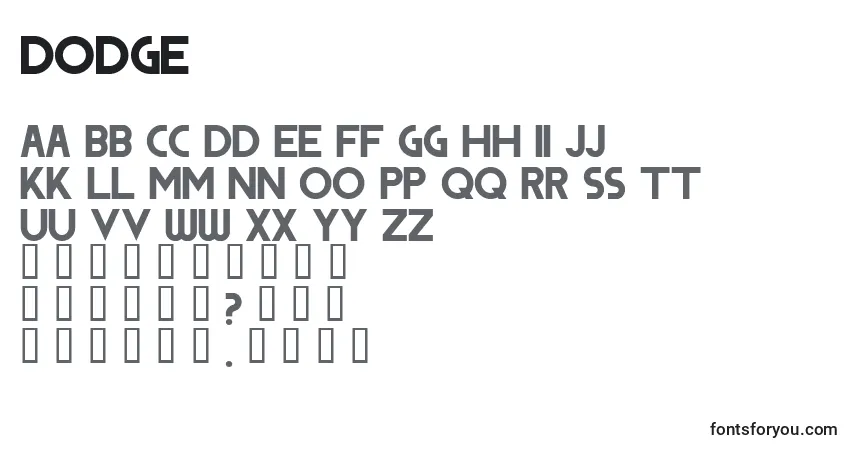 Czcionka Dodge – alfabet, cyfry, specjalne znaki