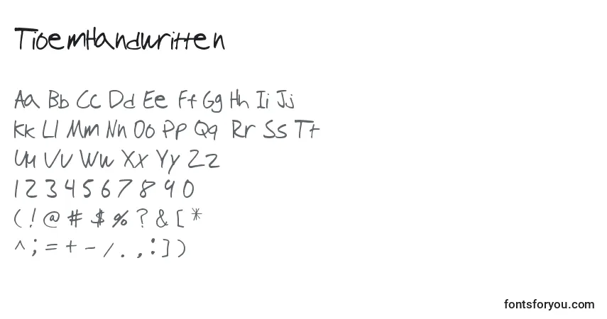 A fonte TioemHandwritten – alfabeto, números, caracteres especiais