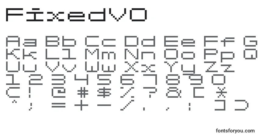Czcionka FixedV0 – alfabet, cyfry, specjalne znaki