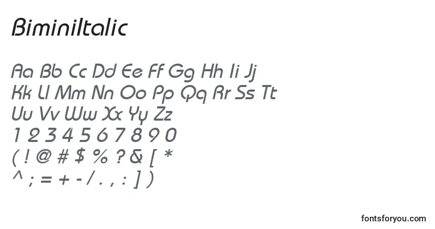 Czcionka BiminiItalic – alfabet, cyfry, specjalne znaki