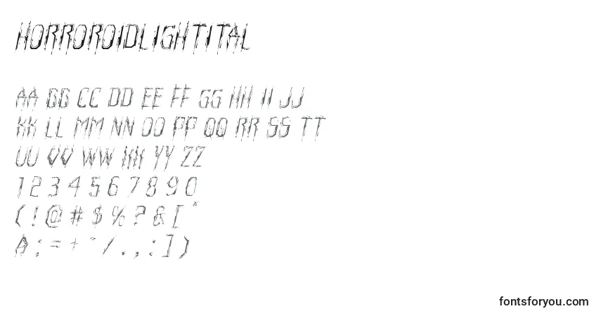Czcionka Horroroidlightital – alfabet, cyfry, specjalne znaki