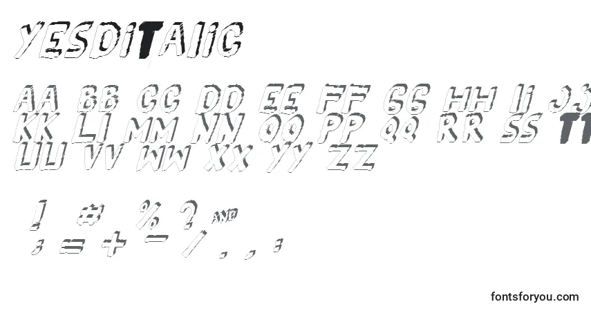 Шрифт Yes3Ditalic – алфавит, цифры, специальные символы