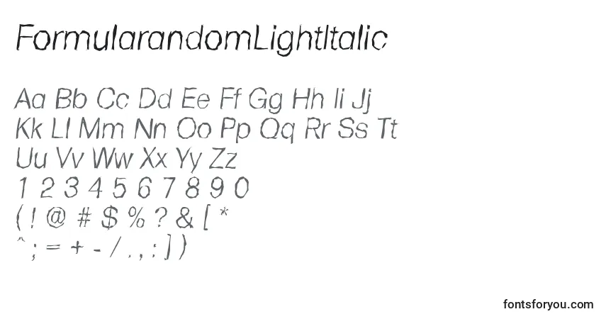 A fonte FormularandomLightItalic – alfabeto, números, caracteres especiais