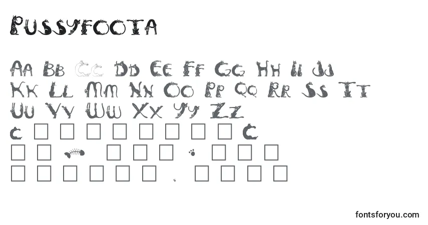 A fonte Pussyfoota – alfabeto, números, caracteres especiais