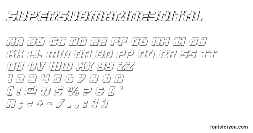 Supersubmarine3Ditalフォント–アルファベット、数字、特殊文字