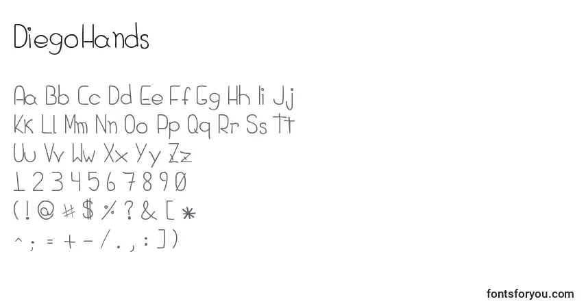 A fonte DiegoHands – alfabeto, números, caracteres especiais