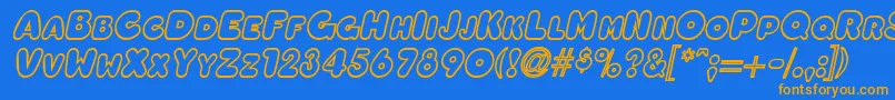フォントOleadaoutlinescapssskBolditalic – オレンジ色の文字が青い背景にあります。