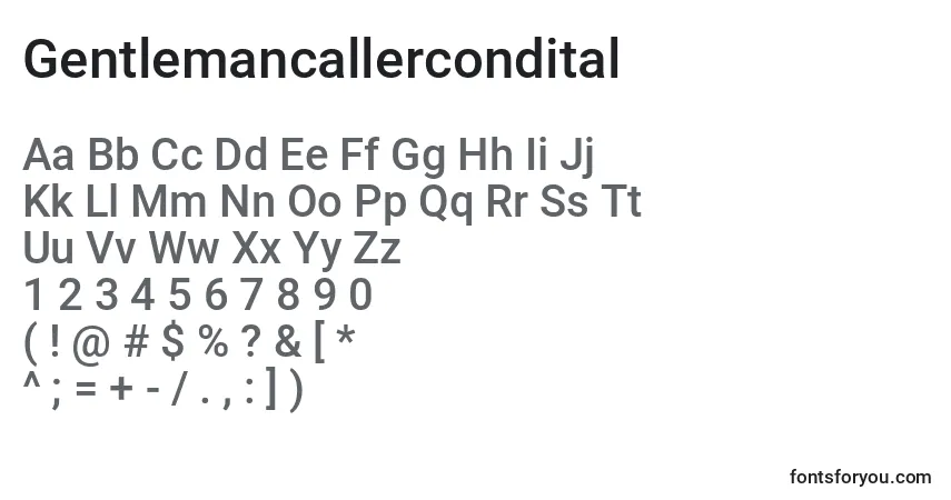 Czcionka Gentlemancallercondital – alfabet, cyfry, specjalne znaki