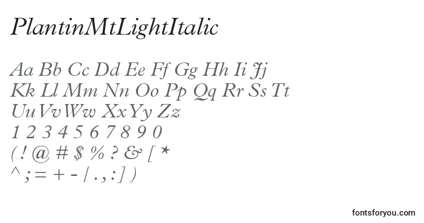 Шрифт PlantinMtLightItalic – алфавит, цифры, специальные символы
