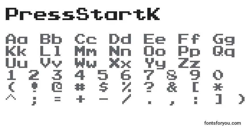 Czcionka PressStartK – alfabet, cyfry, specjalne znaki