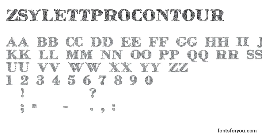 Czcionka Zsylettprocontour – alfabet, cyfry, specjalne znaki