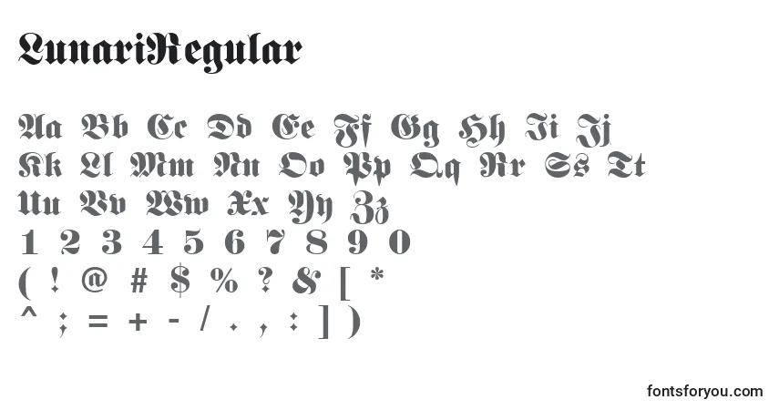 A fonte LunariRegular – alfabeto, números, caracteres especiais