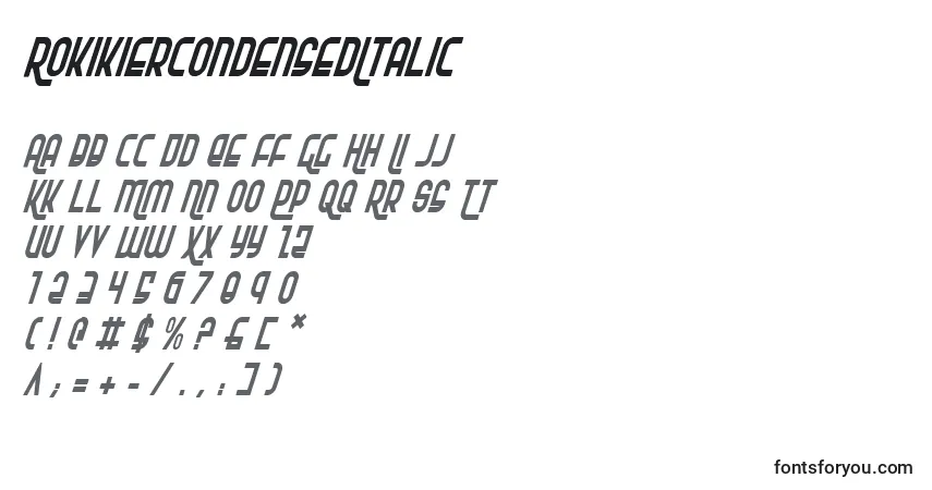 Шрифт RokikierCondensedItalic – алфавит, цифры, специальные символы