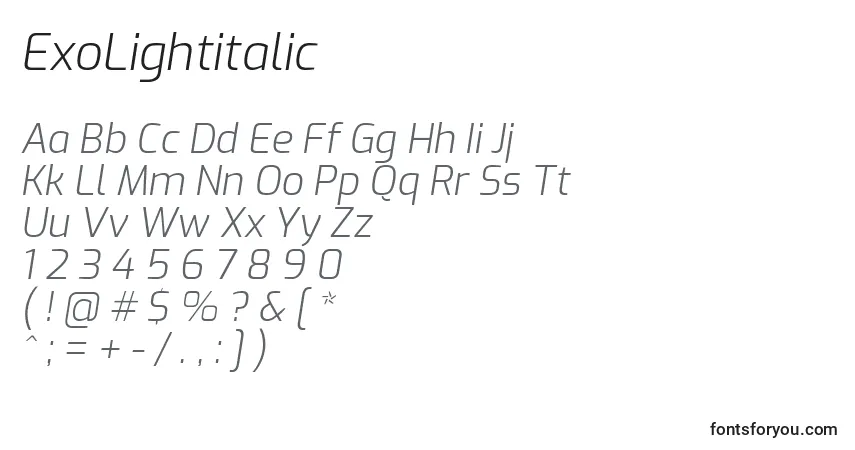 Шрифт ExoLightitalic – алфавит, цифры, специальные символы