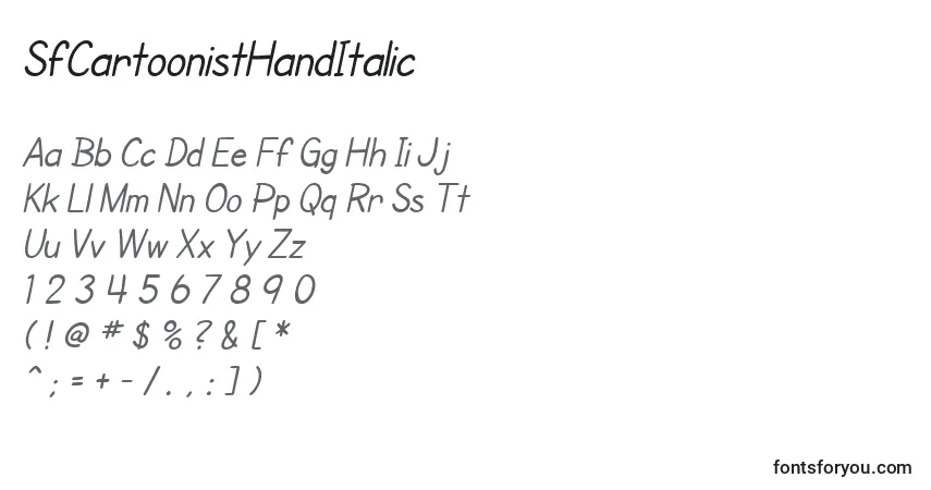 Czcionka SfCartoonistHandItalic – alfabet, cyfry, specjalne znaki