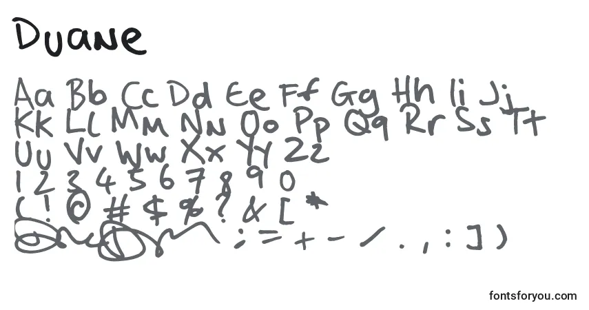 A fonte Duane – alfabeto, números, caracteres especiais