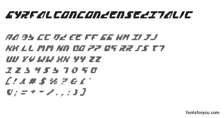 Шрифт GyrfalconCondensedItalic – алфавит, цифры, специальные символы