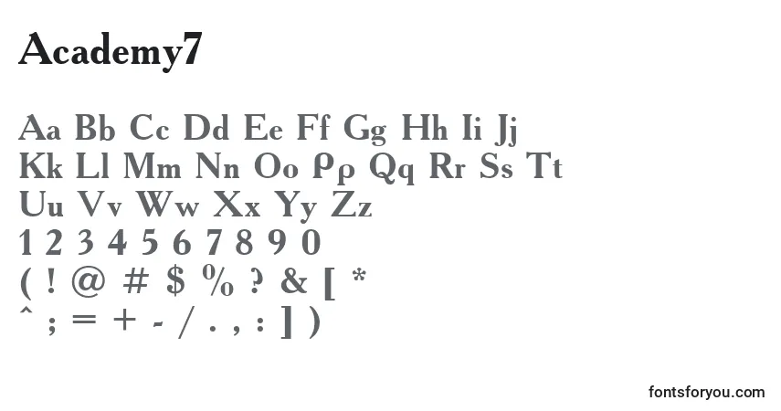 Czcionka Academy7 – alfabet, cyfry, specjalne znaki