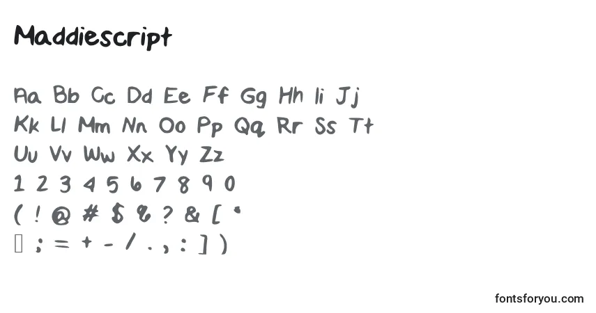 A fonte Maddiescript – alfabeto, números, caracteres especiais