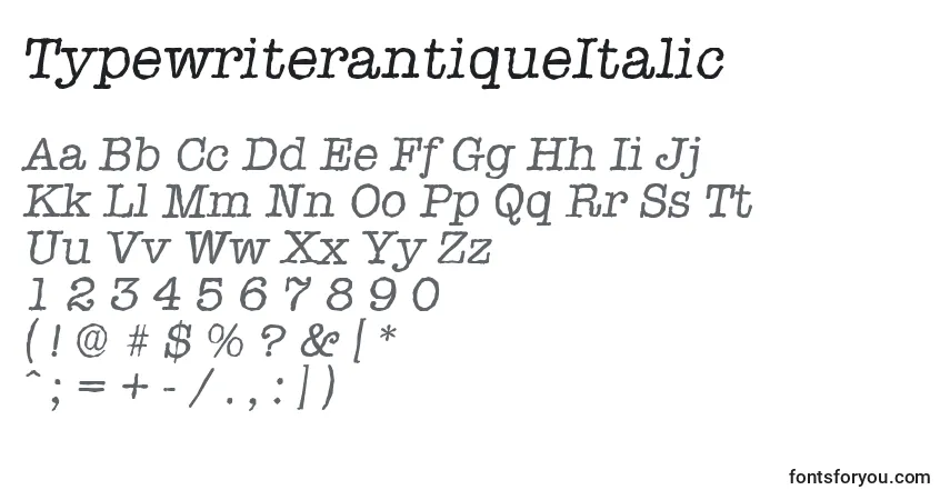 Schriftart TypewriterantiqueItalic – Alphabet, Zahlen, spezielle Symbole