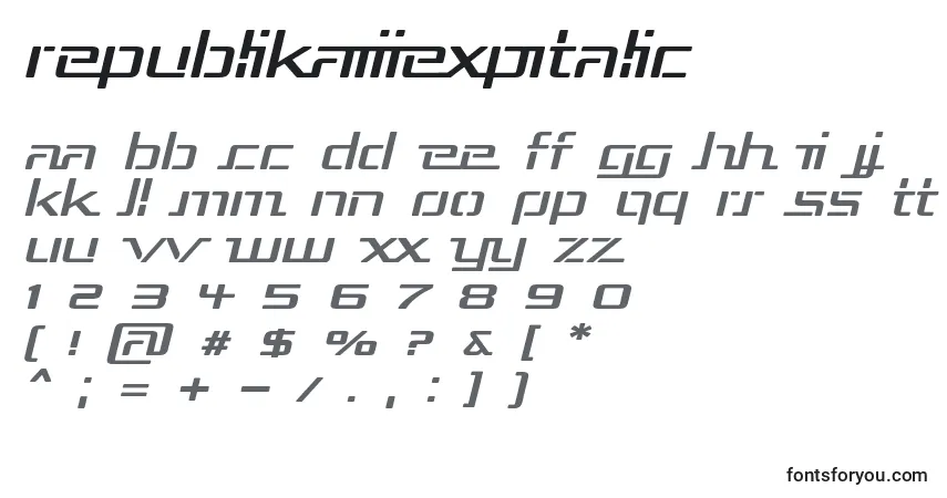 Шрифт RepublikaIiiExpItalic – алфавит, цифры, специальные символы