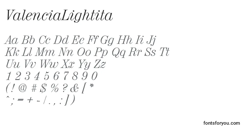 Schriftart ValenciaLightita – Alphabet, Zahlen, spezielle Symbole
