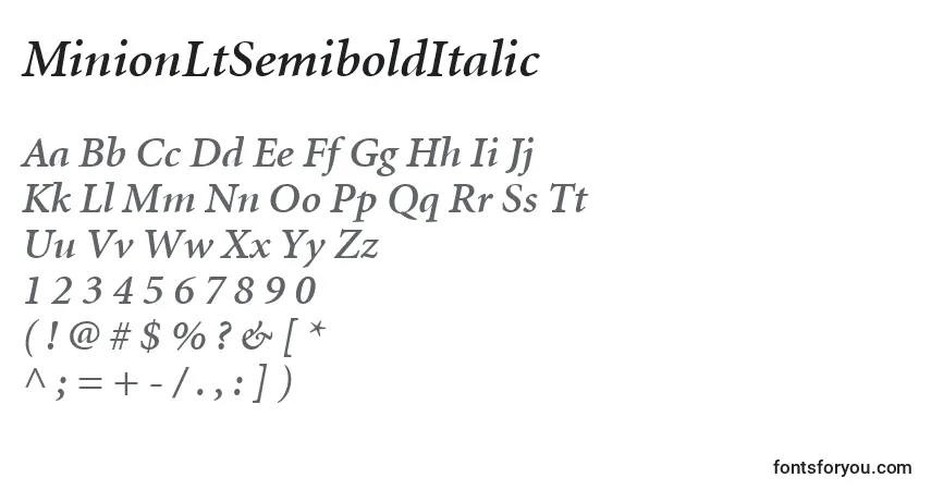 Czcionka MinionLtSemiboldItalic – alfabet, cyfry, specjalne znaki
