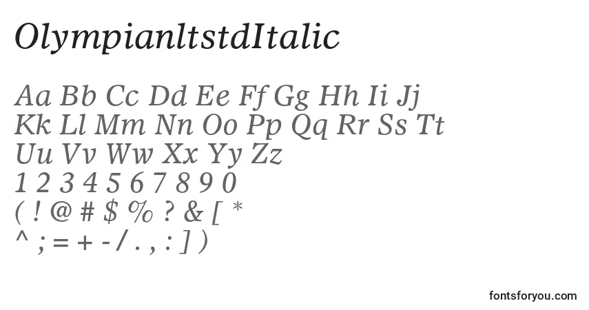 Czcionka OlympianltstdItalic – alfabet, cyfry, specjalne znaki