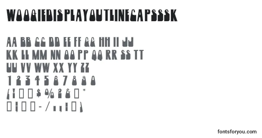 A fonte Woogiedisplayoutlinecapsssk – alfabeto, números, caracteres especiais