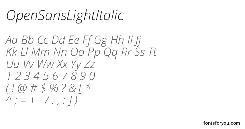 A fonte OpenSansLightItalic – alfabeto, números, caracteres especiais