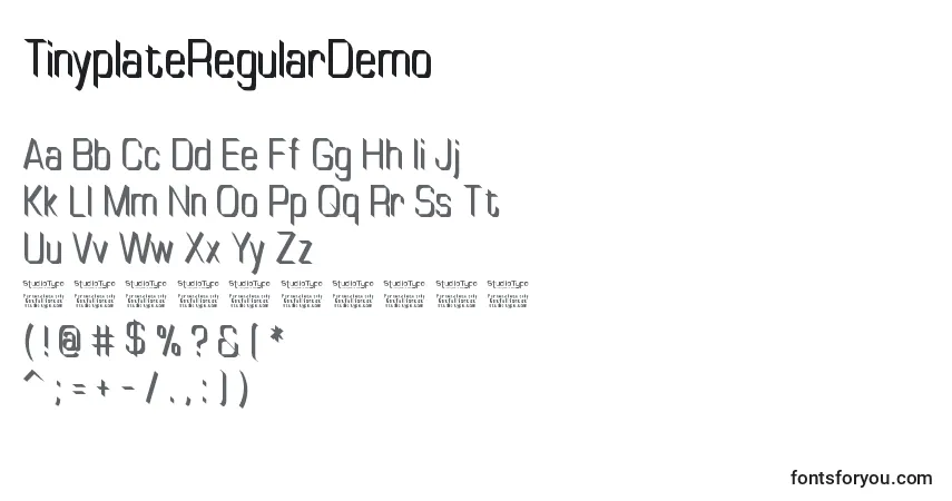 Czcionka TinyplateRegularDemo – alfabet, cyfry, specjalne znaki
