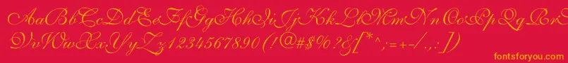 Allegrettoscripttwoc-Schriftart – Orangefarbene Schriften auf rotem Hintergrund