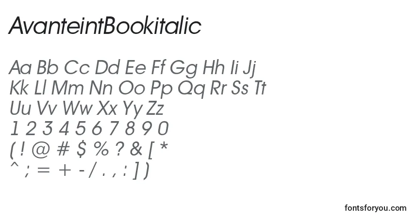 Czcionka AvanteintBookitalic – alfabet, cyfry, specjalne znaki