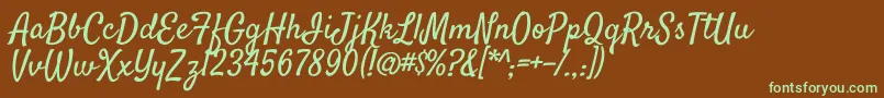 フォントSatisfyRegular – 緑色の文字が茶色の背景にあります。