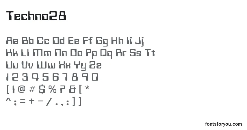 Czcionka Techno28 – alfabet, cyfry, specjalne znaki