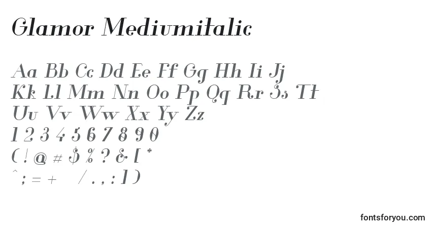 Шрифт Glamor Mediumitalic – алфавит, цифры, специальные символы