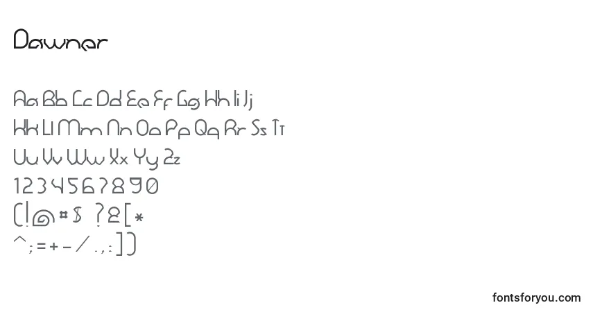A fonte Dawner (85700) – alfabeto, números, caracteres especiais