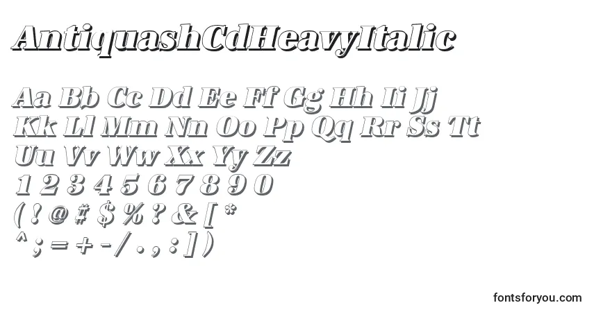 A fonte AntiquashCdHeavyItalic – alfabeto, números, caracteres especiais