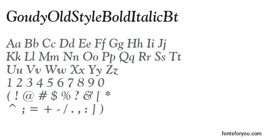 Шрифт GoudyOldStyleBoldItalicBt – алфавит, цифры, специальные символы