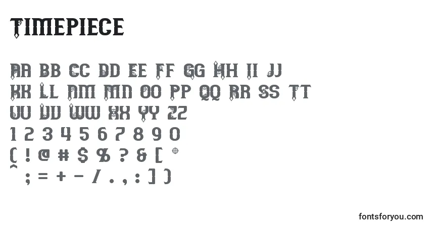 A fonte Timepiece (85727) – alfabeto, números, caracteres especiais