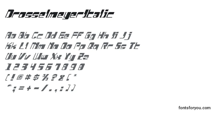 Czcionka DrosselmeyerItalic – alfabet, cyfry, specjalne znaki