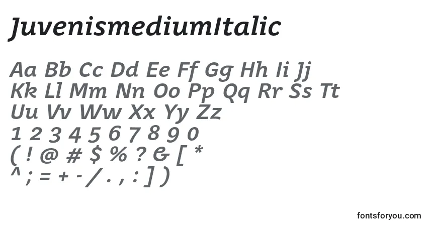 Шрифт JuvenismediumItalic – алфавит, цифры, специальные символы