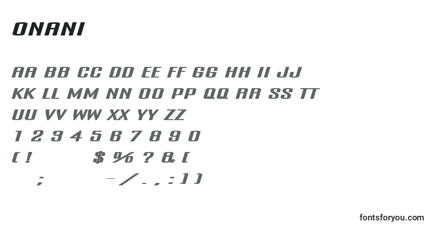 Schriftart Onani – Alphabet, Zahlen, spezielle Symbole