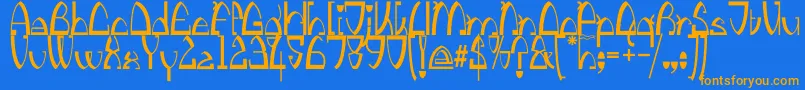 フォントKingthingsStirrup – オレンジ色の文字が青い背景にあります。