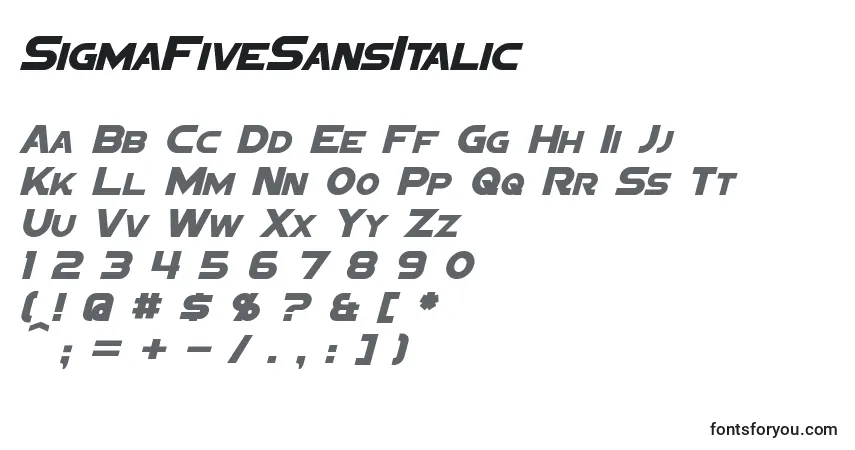 Czcionka SigmaFiveSansItalic – alfabet, cyfry, specjalne znaki