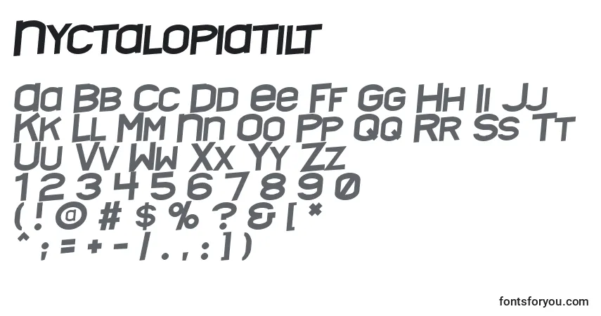 Schriftart Nyctalopiatilt – Alphabet, Zahlen, spezielle Symbole