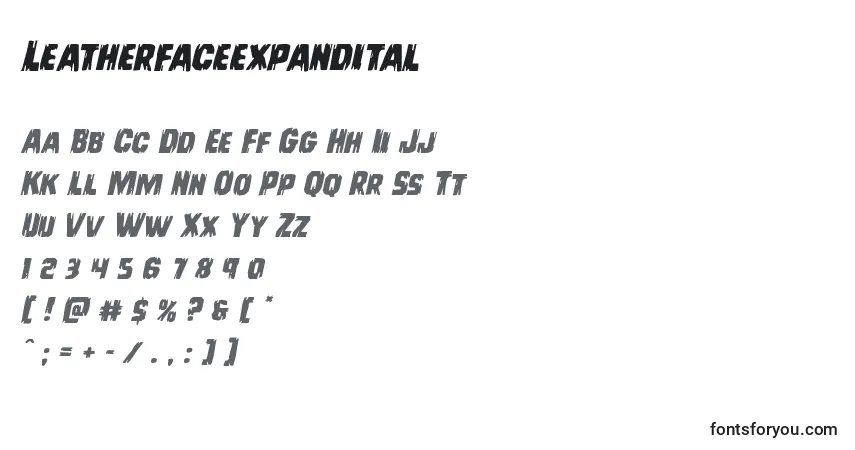 Schriftart Leatherfaceexpandital – Alphabet, Zahlen, spezielle Symbole